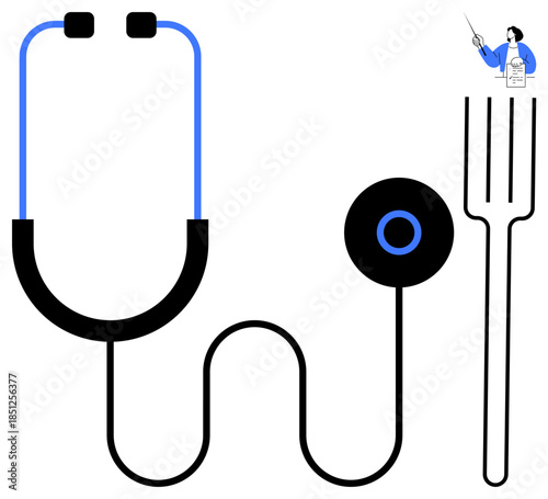 Stethoscope coiled beside a fork symbolizing the relationship between healthcare, nutrition, and wellness. Ideal for medical, diet, wellness, health education, nutrition guides, food safety