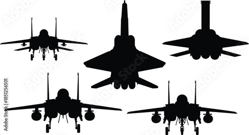 Fighter jet silhouettes front and rear view, military aircraft lineup, aviation design, black jets pattern, defense concept, air force formation