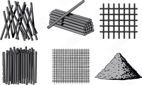 Construction steel rebar rods mesh gravel materials set isolated illustration for concrete reinforcement building engineering industry infrastructure design process concept