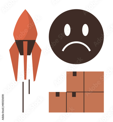 Rocket launching near sad face and stacked boxes, signifying failure, disappointment, logistics, delays, growth hurdles, setbacks, and ambition. Ideal for startup struggles business challenges