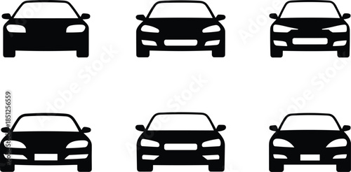 Front view car silhouettes set showing six distinct vehicle grille and headlight designs for automotive design recognition and comparison studies
