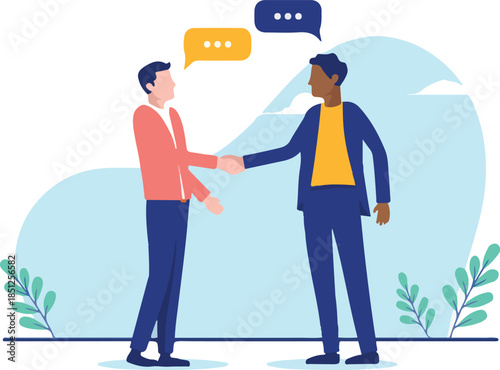 Casual business handshake - Two men shaking hands over deal and agreement. Flat design vector illustration with white background