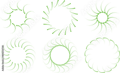 Green spiral dot patterns, abstract geometry, circular symmetry, mathematical design, generative art, modern minimalism, visual rhythm, fractal curves, digital aesthetics