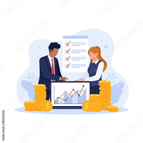 Business people discussing financial data.