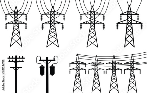 High voltage transmission towers and power plant, overhead lines connecting industrial factories to urban skyline illustrating electricity distribution and energy infrastructure network
