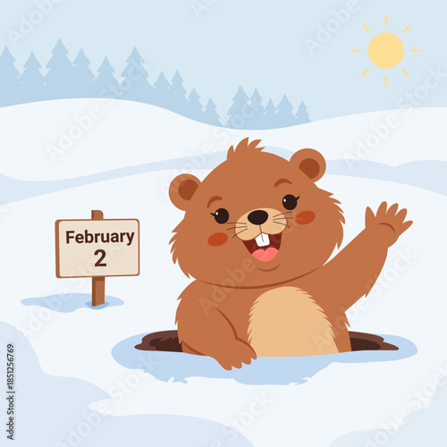 Groundhog day. Cute smiling groundhog looks out of snowy hole.  Holiday card Happy Groundhog Day. February 2. Vector illustration