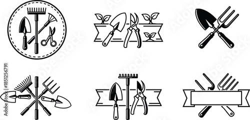 Gardening tools icons set shovel rake pruner fork silhouettes flat black vector illustration isolated white background garden design