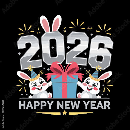 Happy New Year 2026 Celebration Design with Cute Rabbits, Gift Box and Fireworks on Black Background