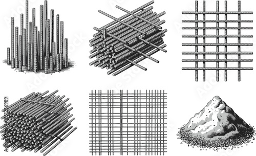High-strength steel rebar bundles and reinforced mesh arrangements with cement aggregate pile for concrete construction, structural reinforcement, and industrial building projects