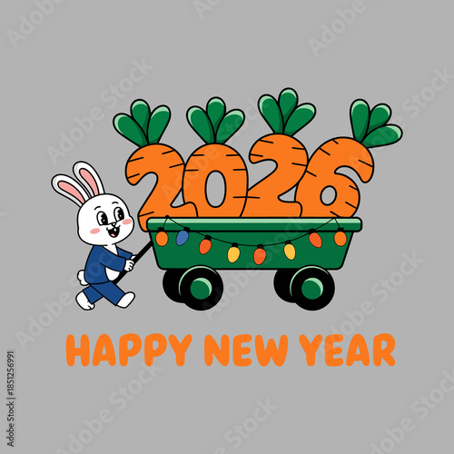 Happy New Year 2026 Cute Rabbit Pushing Carrot Cart Illustration on Gray Background