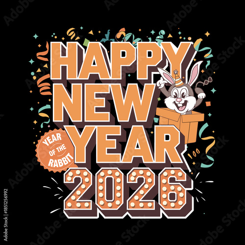 Happy New Year 2026 Typography Design with Cute Rabbit Character and Festive Elements on Black Background