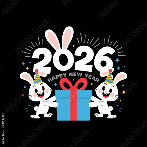 Happy New Year 2026 Celebration with Cute Rabbits, Gift Box and Festive Illustration on Black Background
