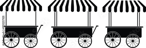 Set of black silhouette vector icons featuring traditional street food vendor carts with striped canopies, isolated on a white background
