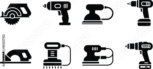 Power tool silhouettes set featuring circular saws cordless drills jigsaws sanders for woodworking construction DIY projects instructional icons, high contrast