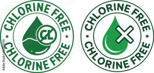 Chlorine Free Green Round Label with Water Drop and Chemical Symbol Icon