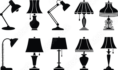 Set of black silhouette vector icons featuring various table lamps, desk lights, and modern or vintage interior lighting on a white background