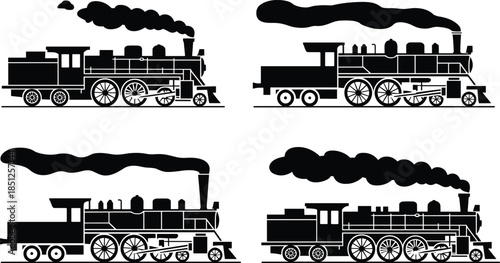 Set of black vector silhouette icons featuring vintage steam locomotives, passenger train engines, and historical railway transportation on a white background