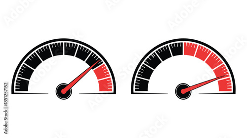 Two Speedometer Gauges Showing Different Levels on White Background Keywords: speedometer, gauge, dial, meter, speed, measurement, indicator, scale, needle, pointer, red, black, white, comparison
