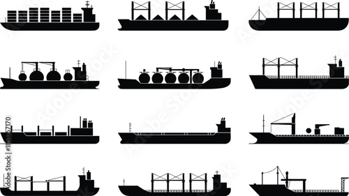 Set of Cargo Ship Silhouettes and Merchant Vessel Icons Isolated on White Background, Global Logistics and Maritime Freight Transport Vector