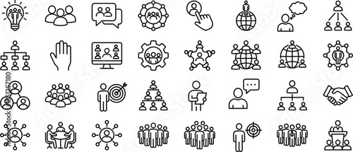Teamwork people line icons set with leadership collaboration communication networking management community organization human resources outline symbols, strategy, business, connection