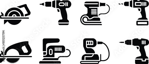 Set of eight power tool silhouettes including circular saws, cordless drills, jigsaws, and sanders for woodworking, construction, DIY workshop icons