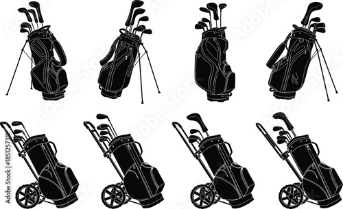 Golf bag silhouettes collection, golf clubs equipment set, standing and cart bags, sports accessories, black and white vector illustration