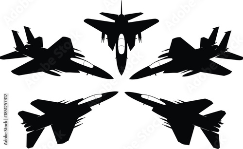 Silhouette of Five Modern Fighter Jets in Circular Formation Against White Background, Military Aircraft Design, Aviation Technology, Tactical Concept Composition