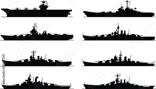 Silhouettes of Eight Naval Warships in Grid Formation, Military Vessel Types, Maritime Defense Technology, Naval Architecture, Strategic Fleet Composition
