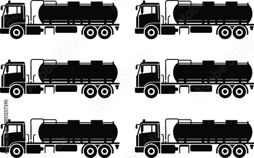 Silhouettes of six tanker trucks in uniform formation, industrial transport icons representing fuel logistics and liquid cargo transportation across highways