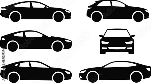 Six car silhouette front views showcasing diverse grille and headlight designs, automotive styling references for model identification and design comparison