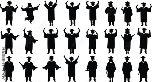 Graduation silhouettes collection featuring happy graduates holding diplomas in celebratory poses isolated on white background, education success illustration set