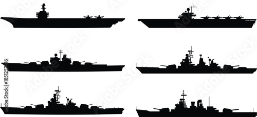 Six Naval Warship Silhouettes in Two Row Grid, Aircraft Carriers and Battleships, Naval Architecture, Military Fleet Identification, Maritime Defense Profiles