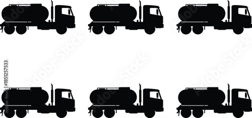 Six Identical Tanker Truck Silhouettes in Two Row Grid, Cylindrical Tank Trailers, Transportation Logistics, Fuel Delivery, Industrial Freight, Heavy Vehicles
