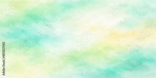 An abstract watercolor background of bright summer clouds and a blue sky texture creates a colorful nature backdrop with a soft rainbow blur for a heaven sunlight design