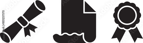 Collection of academic and document icons including diploma scroll, document, and award emblem