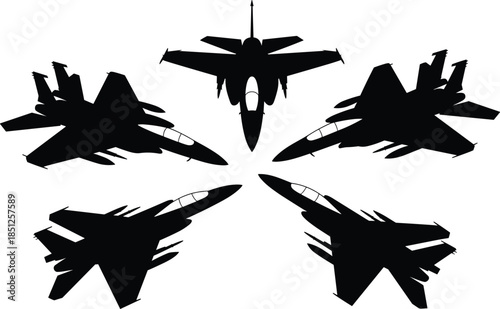 Top-down fighter jet silhouettes arranged in circular formation five aircraft symmetrical aerial display military aviation formation flying graphic illustration concept