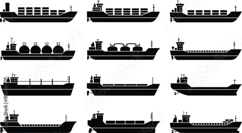 Twelve cargo ship silhouettes displaying diverse vessel types including container ships, tankers, bulk carriers, and specialized global maritime transport designs