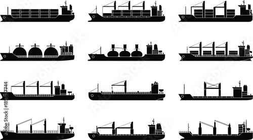 Twelve cargo ship silhouettes showcasing diverse vessel types including container ships, tankers, bulk carriers, and specialized maritime transport designs for shipping industry