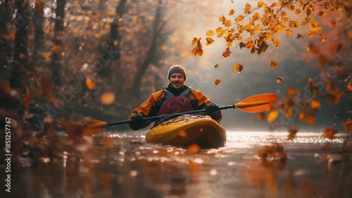 A man in a yellow kayak paddling through a forest during autumn. The scene is captured with a shallow depth of field, blurring the background and emphasizing the kayak as the main subject.