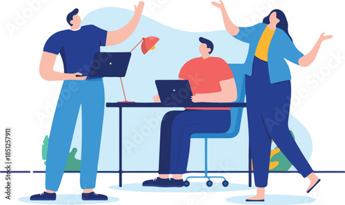 Casual teamwork - Team of three people working together with computers, smiling and having fun. Flat design cartoon vector illustration with white background