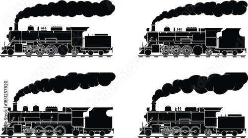 Vintage steam locomotive engine silhouette traveling on railway tracks during sunset, classic retro transportation history, industrial steam train smoke, nostalgia