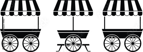 Vintage street food cart silhouettes set isolated black icons for market vendor stall festival fair illustration design vector graphic collection