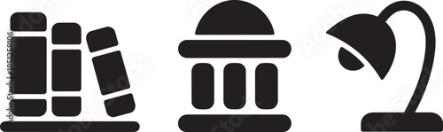 educational icons showing books building desk lamp and podium