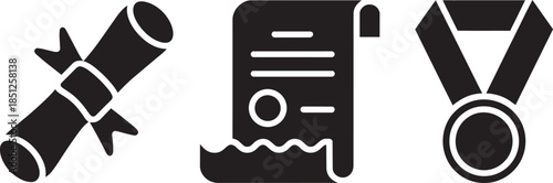 Educational achievement icons set including diploma scroll document and academic success medal