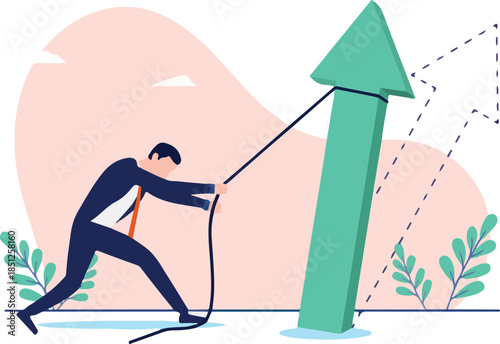 Change direction of business - Businessman person pulling, improving and helping green arrow to point up towards growth, success and being financial profitable. Flat design vector stock illustration