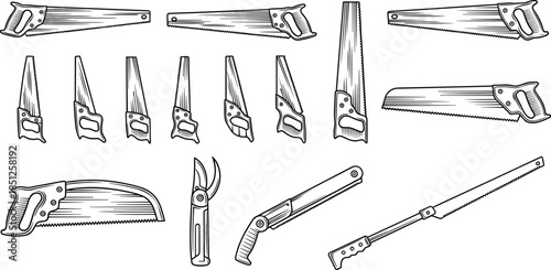 Hand saw collection featuring woodworking pruning carpentry tools, vintage manual cutting equipment icons, black and white vector illustration set