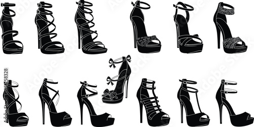 High heel shoes silhouettes collection featuring elegant women footwear designs isolated on white background, fashionable stiletto illustration set