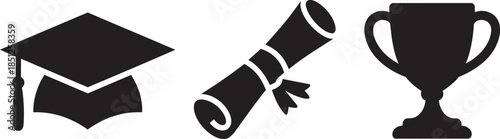 Graduation ceremony icons featuring academic cap diploma scroll and winner's trophy