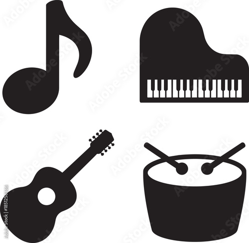 Music note, grand piano, guitar, and drum set represent various musical instruments and melodies