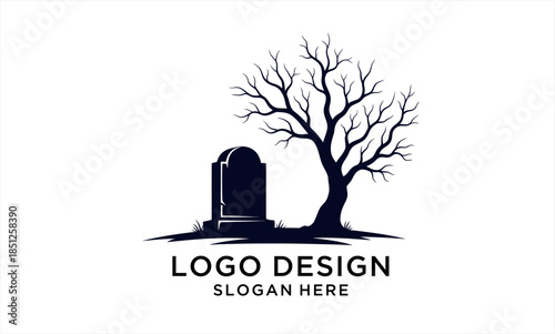 Spooky Graveyard Scene with Tombstone and Bare Tree Silhouette.